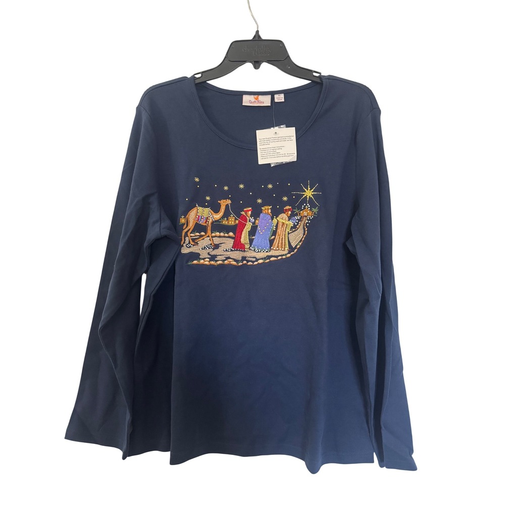 Quacker Factory Navy Blue Nativity Three Wise Men Rhinestone Top XL